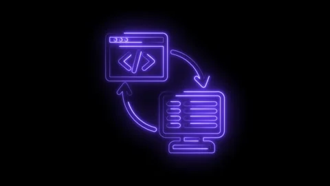 Neon purple coding interface and computer screen with arrows indicating dat.. Stock Footage 346825989