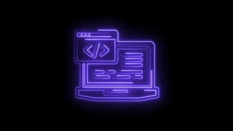 Neon purple coding interface icon on black background digital programming c.. Vidéo 346826121