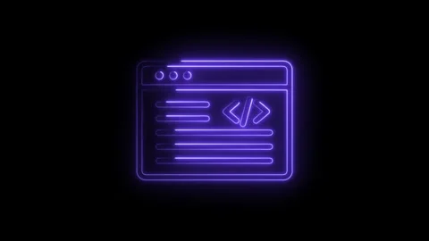 Neon purple coding interface icon with code tags and text lines on black ba.. Stock Footage 346827025