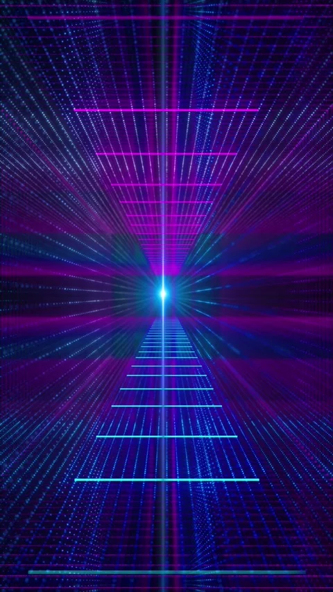 Neon purple data tunnel background with cyan vertical beams, dotted grid walls, Stock Footage 340552915