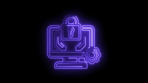 Neon purple digital security icon with padlock hands and gear on black Stock Footage 333966932