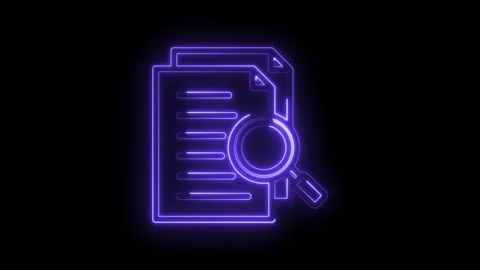 Neon purple document search icon glowing on black background abstract digital Stock Footage 333954826