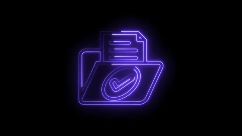 Neon purple folder icon with checkmark glowing on black background abstract Stock Footage 333953887