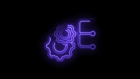 Neon purple gears connected to abstract network nodes glowing on black Stock Footage 333953261