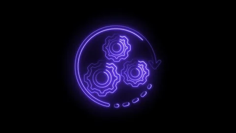 Neon purple gears rotating in circular motion with arrow indicating process flow Stock Footage 333954485