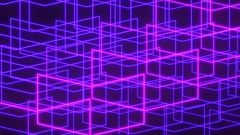 Neon purple geometric grid background with glowing abstract 3D wireframe cubes 스톡 동영상 334140365