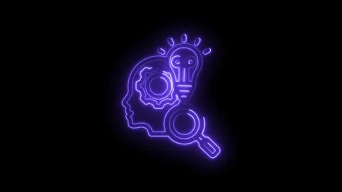 Neon purple glowing abstract concept of human head with gears lightbulb and Stock Footage 333957066