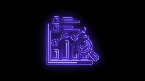Neon purple glowing analytics graph with magnifying glass and checkmark on black Stock Footage 333957338
