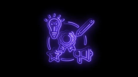 Neon purple glowing creative icons set light bulb idea pencil writing award.. Stock Footage 346128822