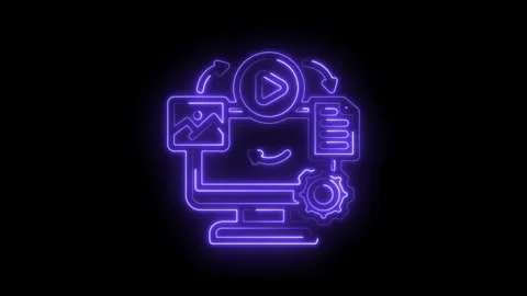 Neon purple glowing digital workflow icon with play button image file and gear Stock Footage 333966877