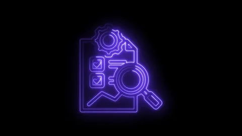 Neon purple glowing icon representing data analysis checklist magnifying glass Stock Footage 333968569
