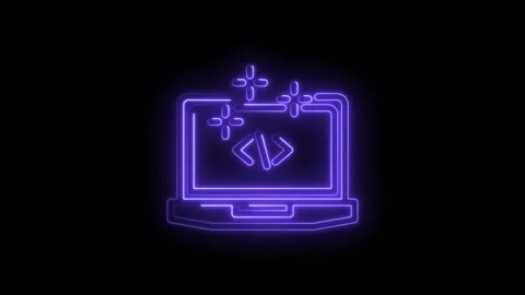 Neon purple glowing laptop with code symbols and sparkling effects on black.. Video stock 346826498