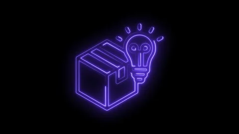 Neon purple glowing package icon with lightbulb symbolizing innovation and Stock Footage 333964169