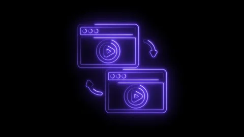Neon purple glowing play button icons on browser windows with circular arrows Stock Footage 333967186