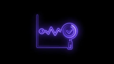 Neon purple graph analysis magnifying glass with checkmark icon glowing on black Stock Footage 333952986