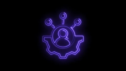 Neon purple human profile icon within gear mechanism connected to three circular Stock Footage 333962020