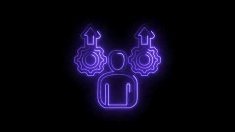 Neon purple human silhouette with upward arrows and gears symbolizing growth Stock Footage 333963053