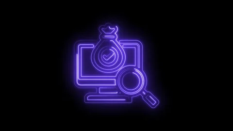 Neon purple icon of computer screen with money bag and checkmark symbol and 库存影片 333966954