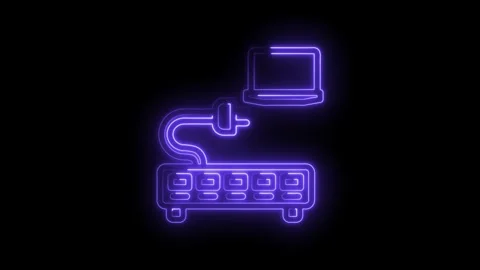 Neon purple laptop connected to a server rack with a cable glowing abstract Stock Footage 333958042