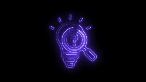 Neon purple light bulb with question mark inside magnifying glass glowing on Stock Footage 333960173