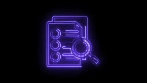 Neon purple outline of document checklist and magnifying glass on icon black Stock Footage 333955760
