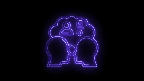 Neon purple outline of two human heads facing each other with a cloud symbol Stock Footage 333959826