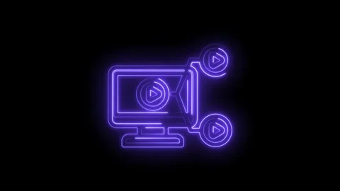 Neon purple play button icon on computer screen with multiple video streams Stock Footage 333967374