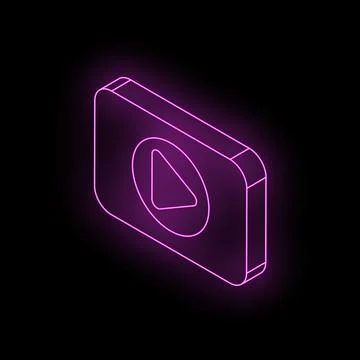Neon purple play button icon glowing on black background Illustrazione stock