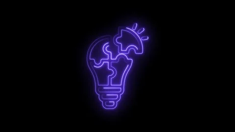 Neon purple puzzle lightbulb idea concept glowing on black background Video stock 333963447