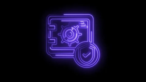 Neon purple safe icon with checkmark shield glowing on black background Stock Footage 333969644