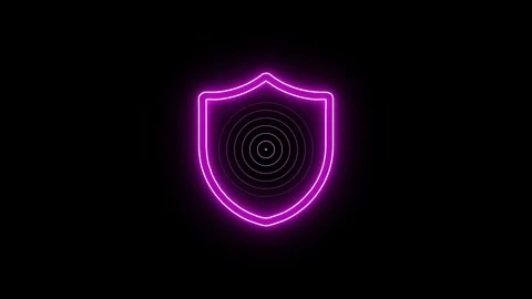 Neon purple security shield icon glowing on black background featuring anim.. Stock Footage 345548283