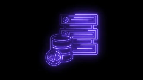 Neon purple server stack and database icon with code symbols on black backg.. Stock Footage 346825867