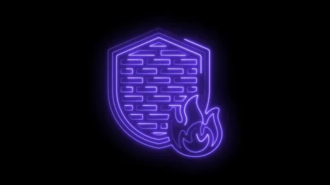 Neon purple shield with brick pattern and flame on black background digital.. Stock Footage 346014458