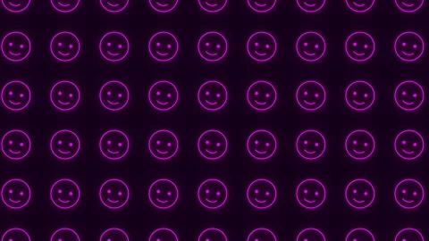 Neon purple smiling faces are moving on a dark blue background. A looping Stock Footage 309694063