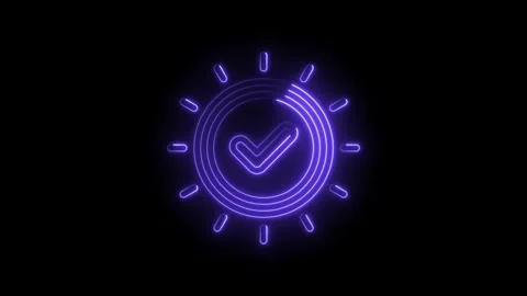 Neon purple sun checkmark icon glowing on black background abstract symbol of Stock Footage 333954788