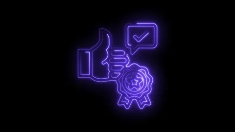Neon purple thumb up icon with checkmark and award ribbon glowing on black Stock Footage 333955195