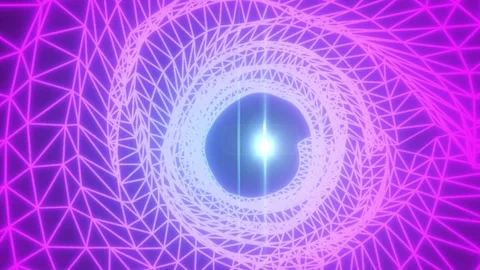 Neon purple wireframe tunnel spirals toward a bright blue center Stock Footage 341398955