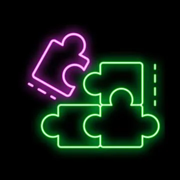 Neon puzzle pieces connecting, problem solving and solution finding concept Stock Illustration