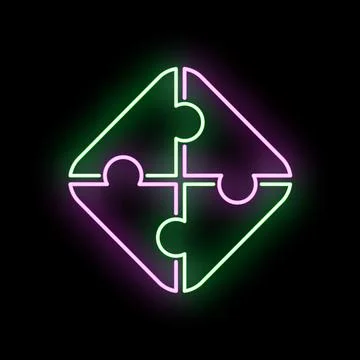 Neon puzzle pieces forming solution on black background Stock Illustration