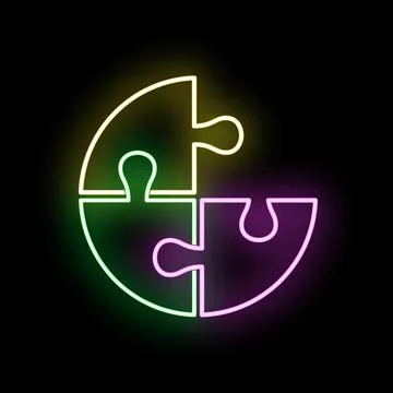 Neon puzzle pieces forming solution circle on black Stock Illustration