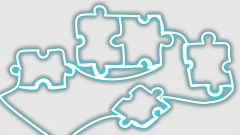 Neon puzzles in one line on a black screen. Team graphic symbol in doodle style. Stock Footage 182925879
