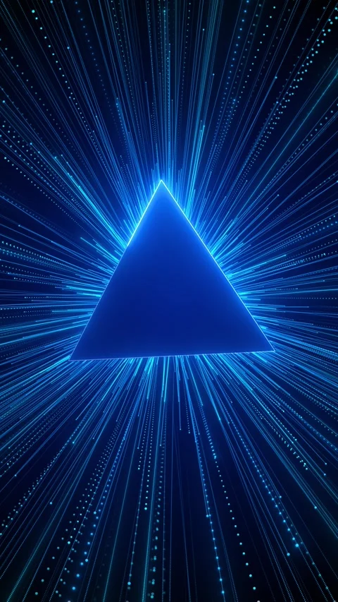 Neon pyramid energy rays explode from a blue triangle with dotted particle lines Stock Footage 333975000