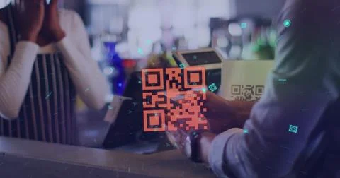 Neon qr code against african american man making digital payment from his Stock Photos