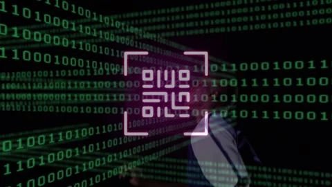 Neon qr code and binary coding over african american male soccer player bicycle Stock Footage 330060928