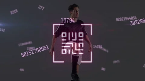 Neon qr code and multiple changing numbers over caucasian male soccer player Stock Footage 330399643