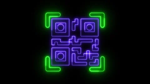 Neon QR code with glowing blue and green edges animated on a black background Stock Footage 265960348