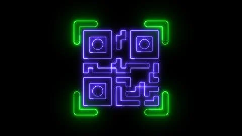 Neon QR code with glowing blue and green edges on a black background. 스톡 사진