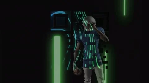 Neon qr code over african american male rugby player holding a rugby ball Stock Footage 326888346