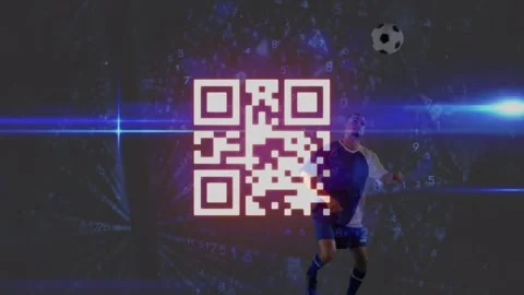Neon qr code scanner and blue light spots against male soccer player heading the Stock Footage 327592230