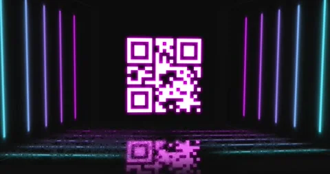 Neon qr code scanner and abstract shapes flickering against black background Stock Footage 330343552